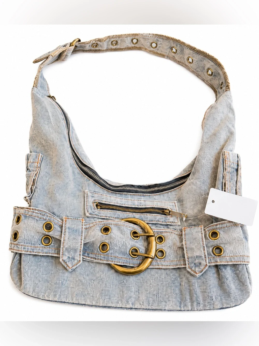 Y2K Style Light Wash Denim Grommet Buckle Hobo Shoulder Bag NWT